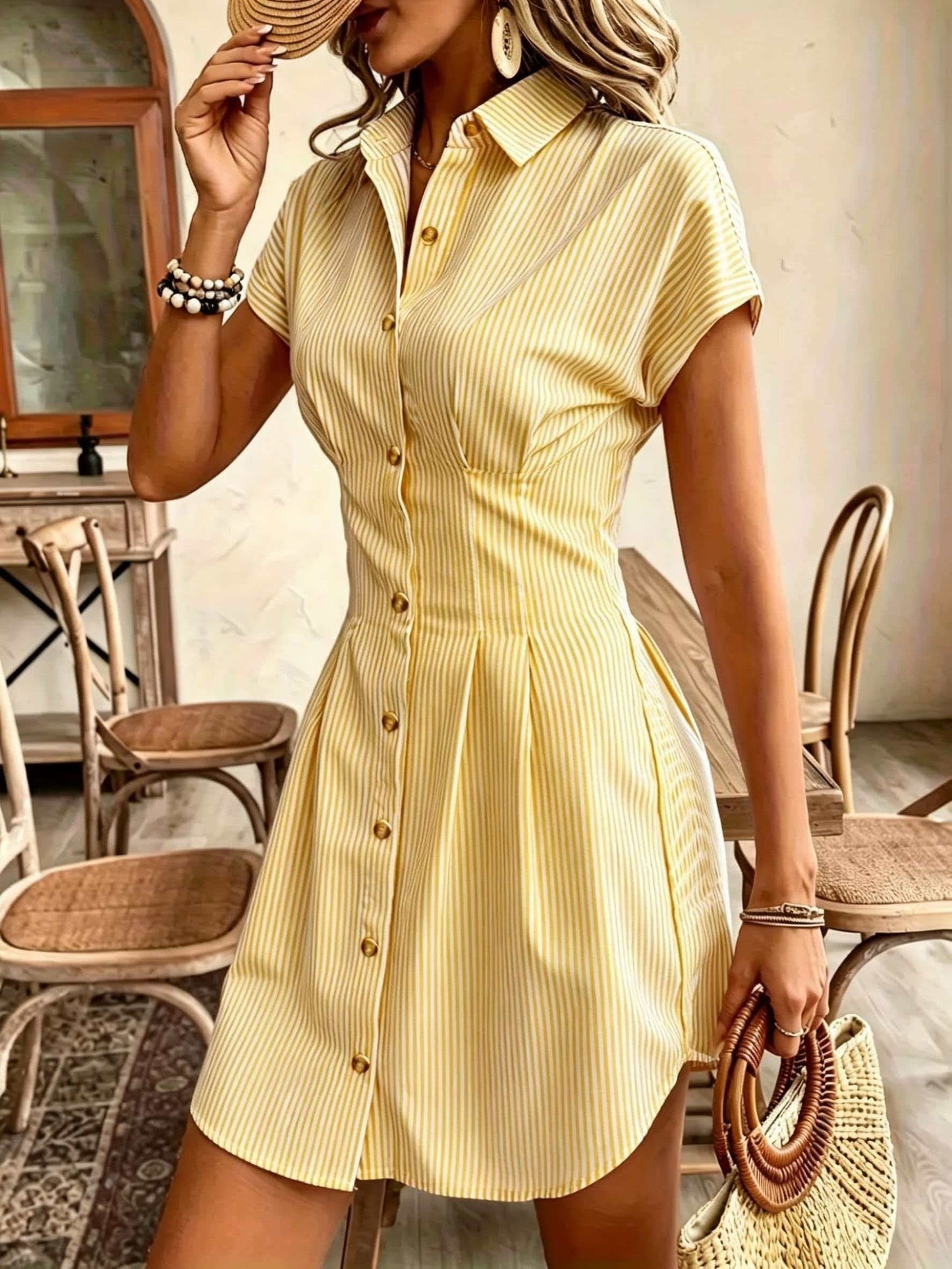 Vestido Camisa A-Line de Manga Corta a Rayas Elegante para Mujeres, Vestido Casual de Oficina de Verano de Cintura Alta con Botones en Pastel Claro, Fabricado en Poliéster Cómodo, Estilo Francés, Color Sólido, Vestido Camisa para Mujeres, Vestido Camisa C