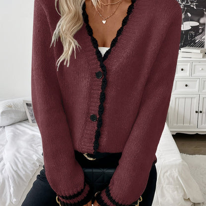 Suéter Cardigan de Contraste Cómodo para Mujeres con Cuello en V, Manga Larga y Botones en la Parte Frontal, Estilo de Punto Acanalado