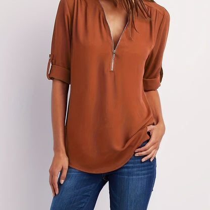 Blusa Frontal con Cremallera Sin Esfuerzo para Mujeres con Cuello en V y Manga con Tabulador, Estilo Túnica Relajada