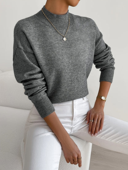 Suéter de punto cómodo para mujeres con cuello alto, mangas largas y estilo relajado y oversized