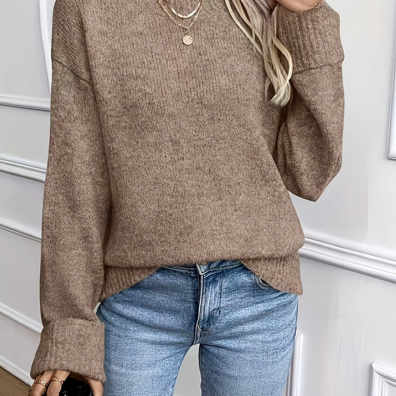 Suéter de Punto Acanalado en Caqui Cómodo para Mujeres con Cuello Redondo y Manga Larga de Estilo Relajado y Oversized