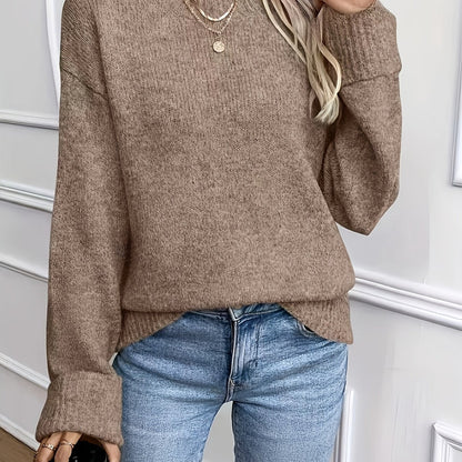Suéter de Punto Acanalado en Caqui Cómodo para Mujeres con Cuello Redondo y Manga Larga de Estilo Relajado y Oversized
