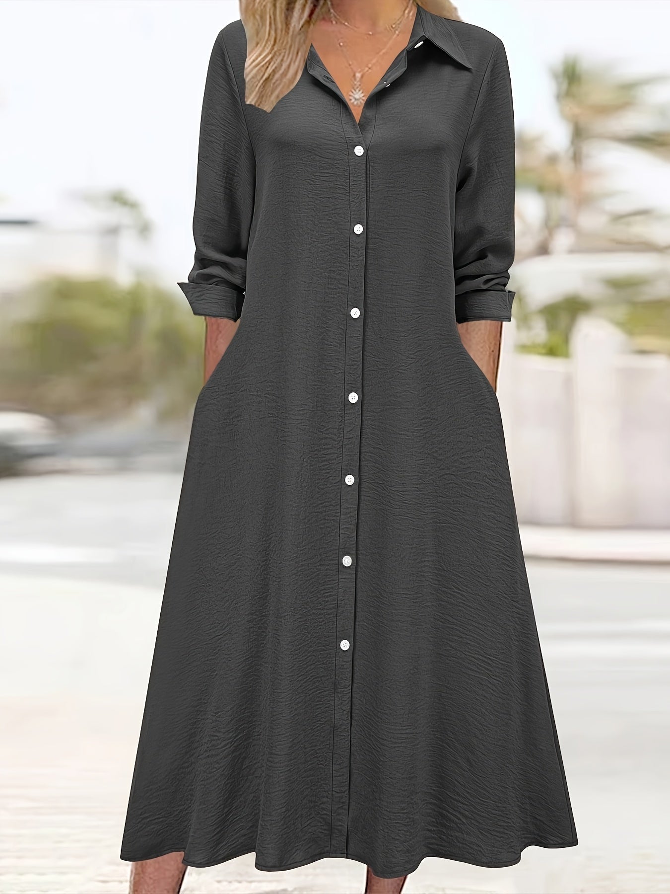 Vestido Camisa Elegante de Botones Frontal para Mujeres con Cuello y Manga Larga Estilo A Linea Fluyente