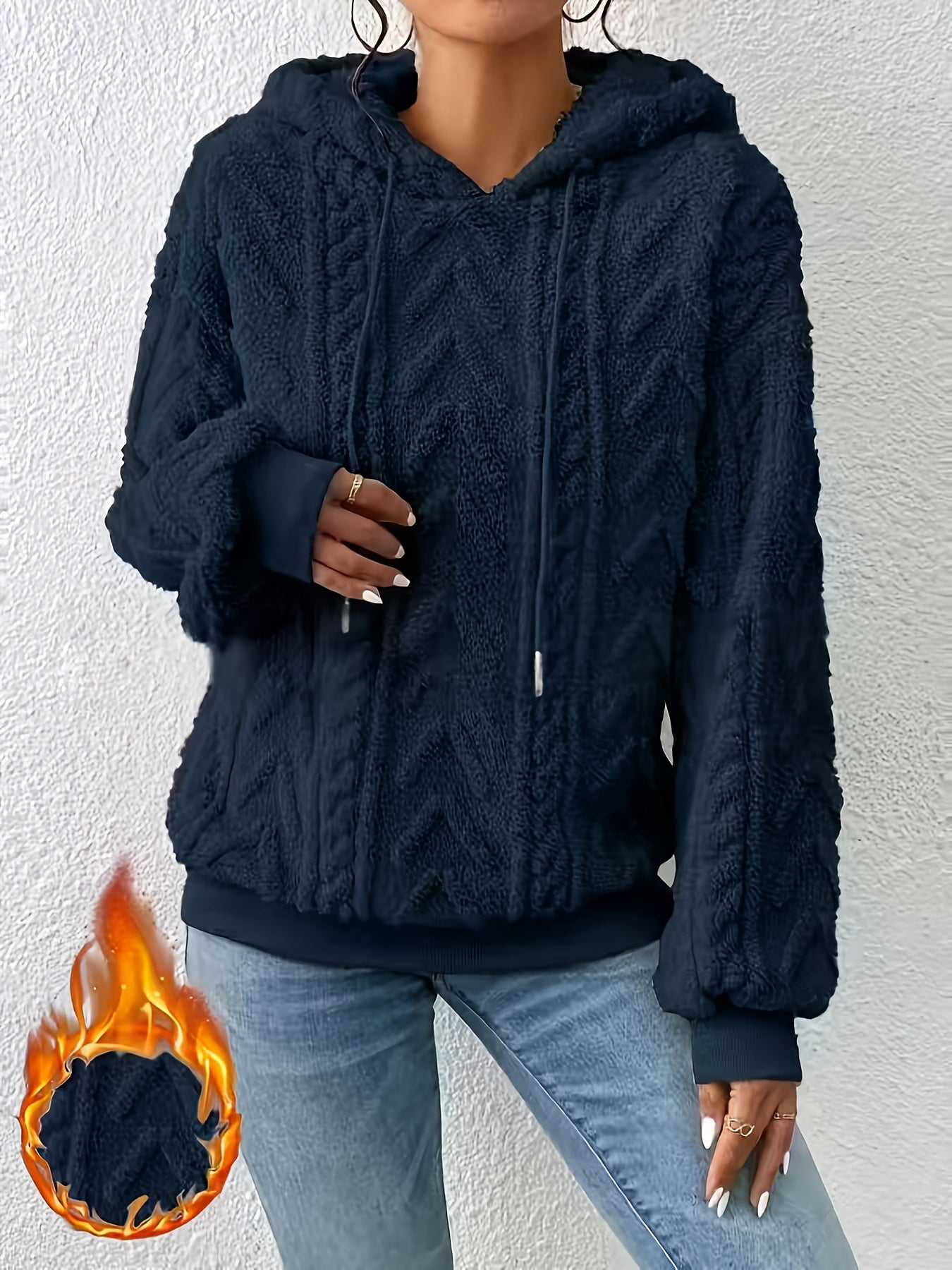 Sudadera de Forro Polar de Punto Trenzado Cómoda para Mujeres con Capucha Ajustable, Manga Larga, Estilo Oversized y Acogedor