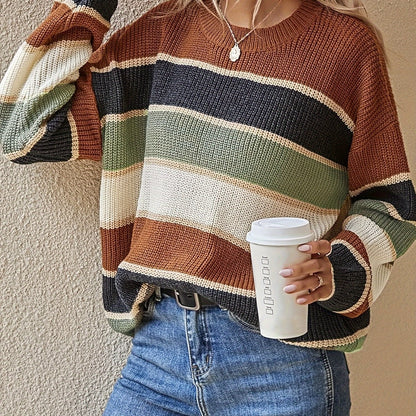 Suéter de rayas color bloque cómodo para mujeres con cuello redondo, manga larga y estilo de punto relajado y oversize