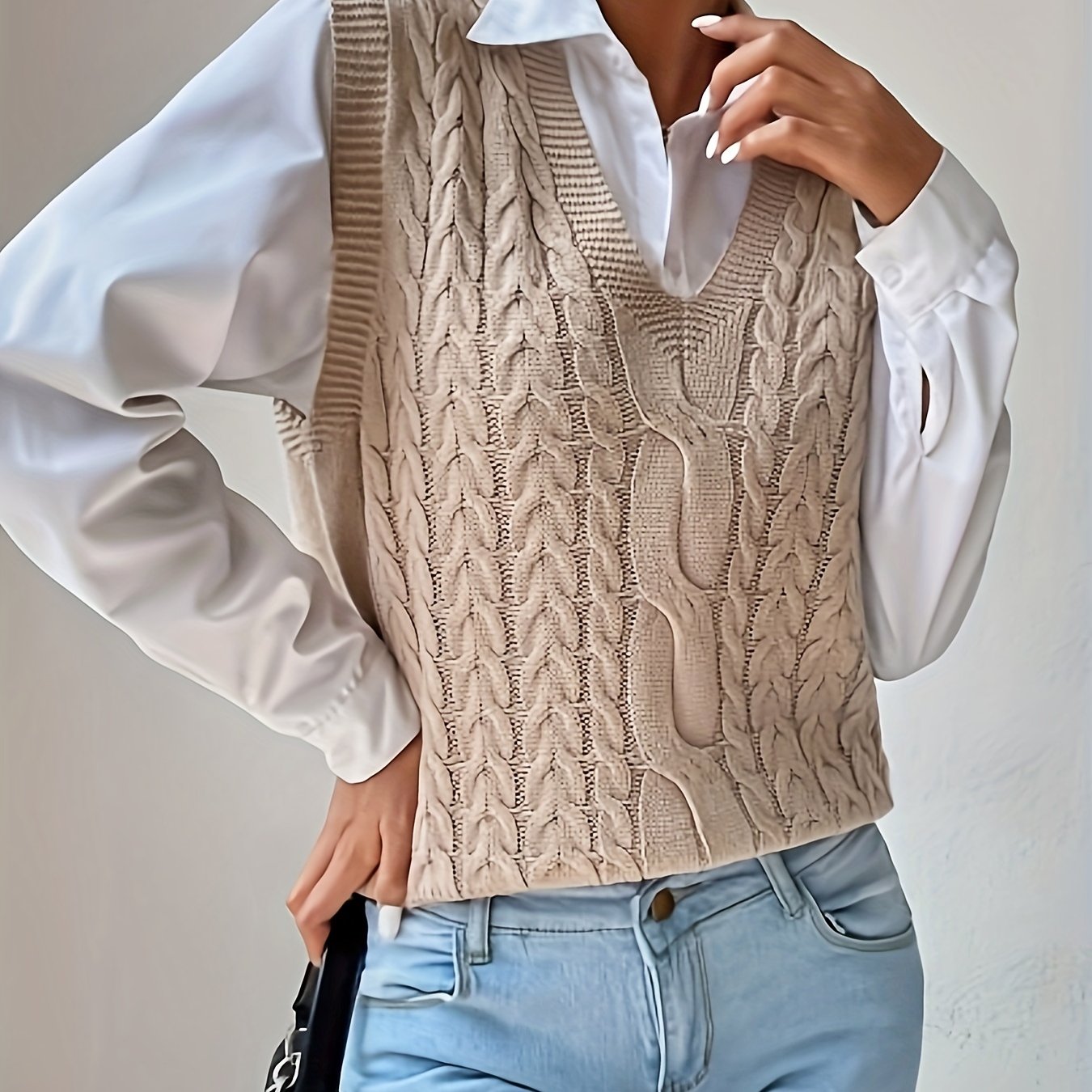 Chaleco de Punto Trenzado Cómodo para Mujeres con Escote en V, Sin Mangas, Estilo Relajado y Oversized