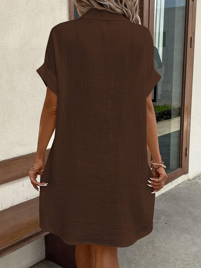 Vestido Camisa Texturizado Sin Esfuerzo para Mujeres con Cuello, Manga Corta, Botones Frontales, Estilo Casual Relajado
