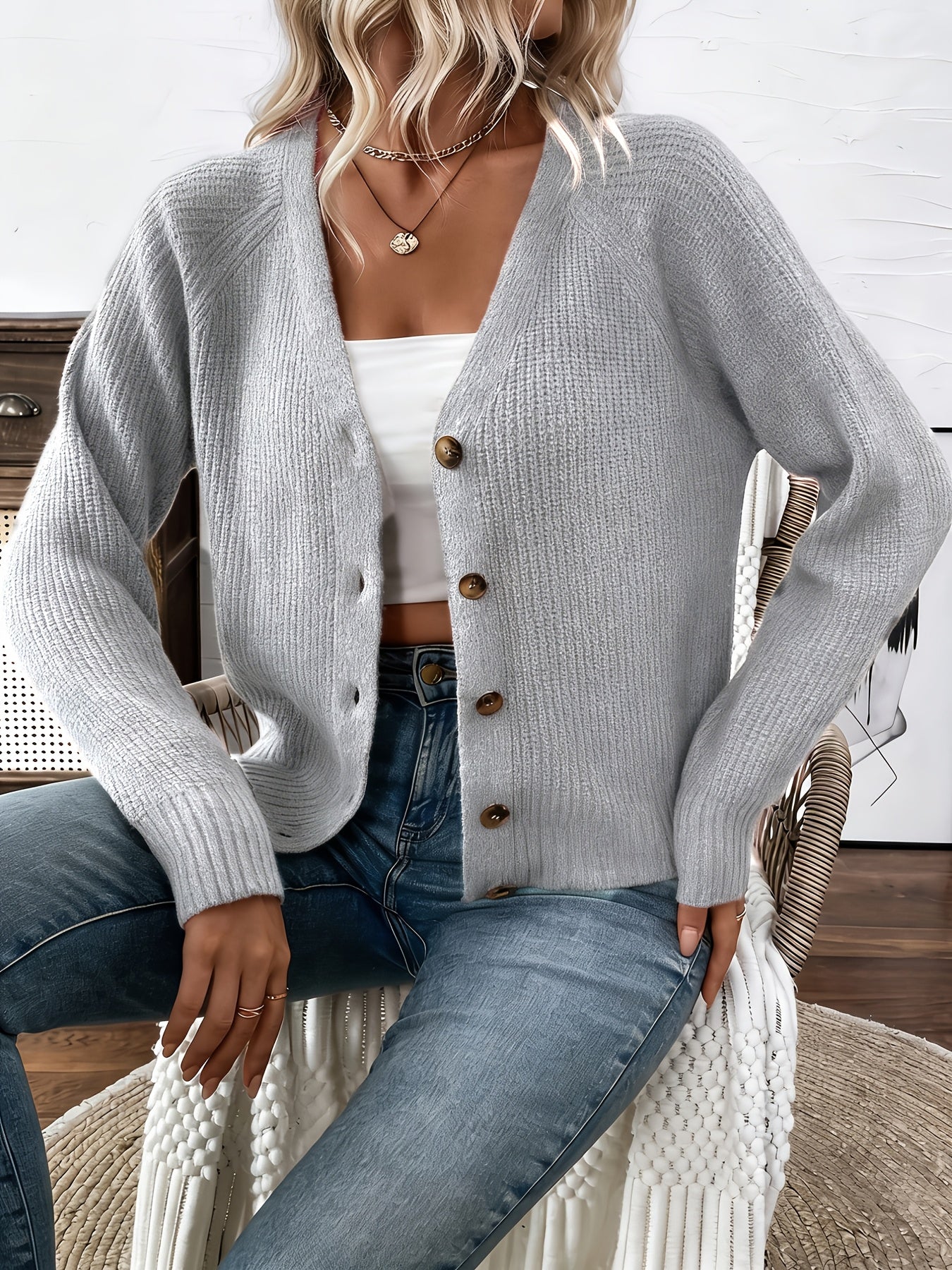 Cárdigan de Punto Acanalado Cómodo para Mujeres con Cuello en V, Manga Larga, Botones Frontal, Estilo Relajado y Corto