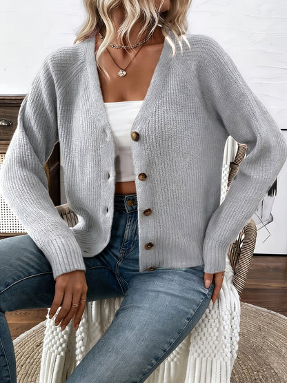 Cárdigan de Punto Acanalado Cómodo para Mujeres con Cuello en V, Manga Larga, Botones Frontal, Estilo Relajado y Corto
