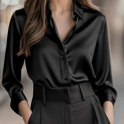 Blusa de Satén Elegante para Mujeres con Cuello, Manga Larga y Botones, Estilo Relajado y Sedoso