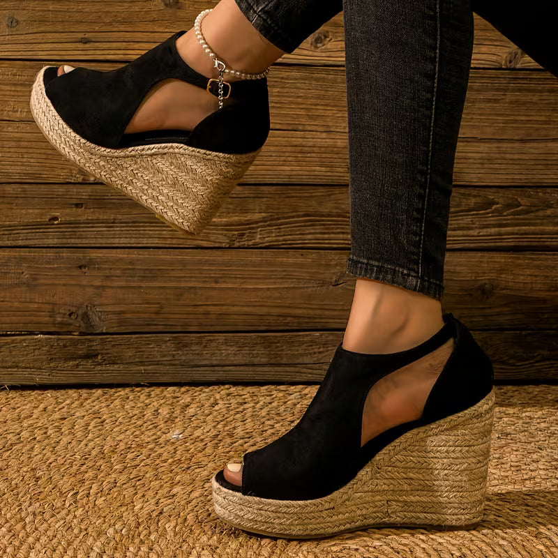 Elegantes Sandalias de Cuña de Espadrille para Mujeres con Punta Abierta y Plataforma con Correa al Tobillo
