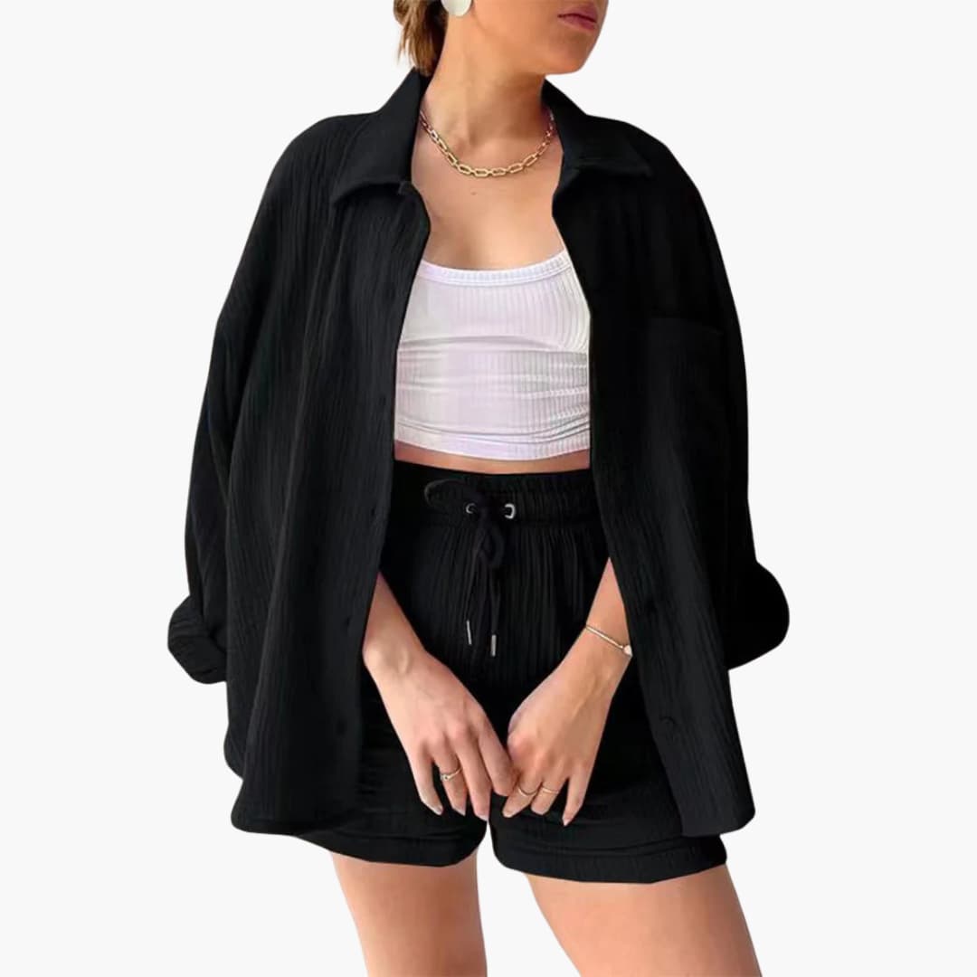 Conjunto de Dos Piezas de Algodón Arrugado Sin Esfuerzo para Mujeres con Pantalones Cortos con Cintura Ajustable y Estilo Relajado