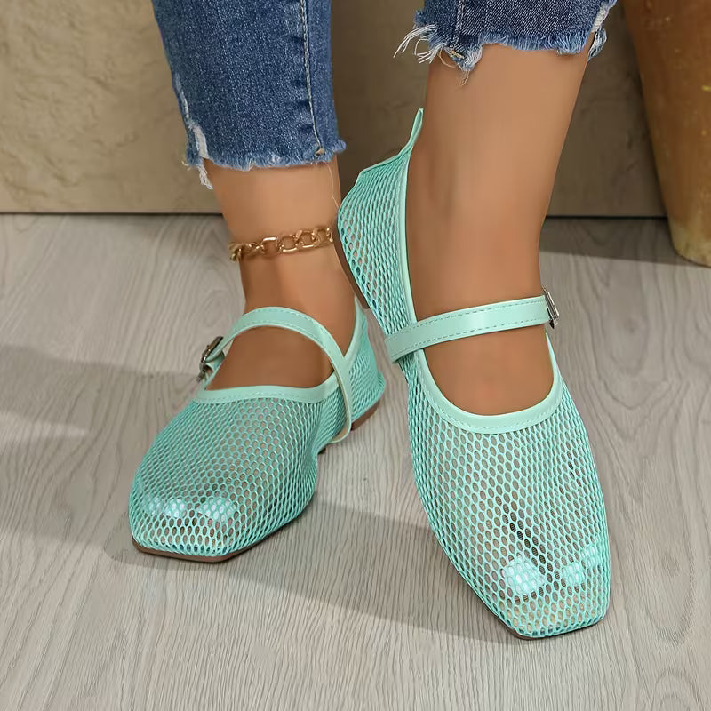 Zapatos Mary Jane Cómodos para Mujeres con Correa de Hebilla de Malla Tejida Estilo Plano