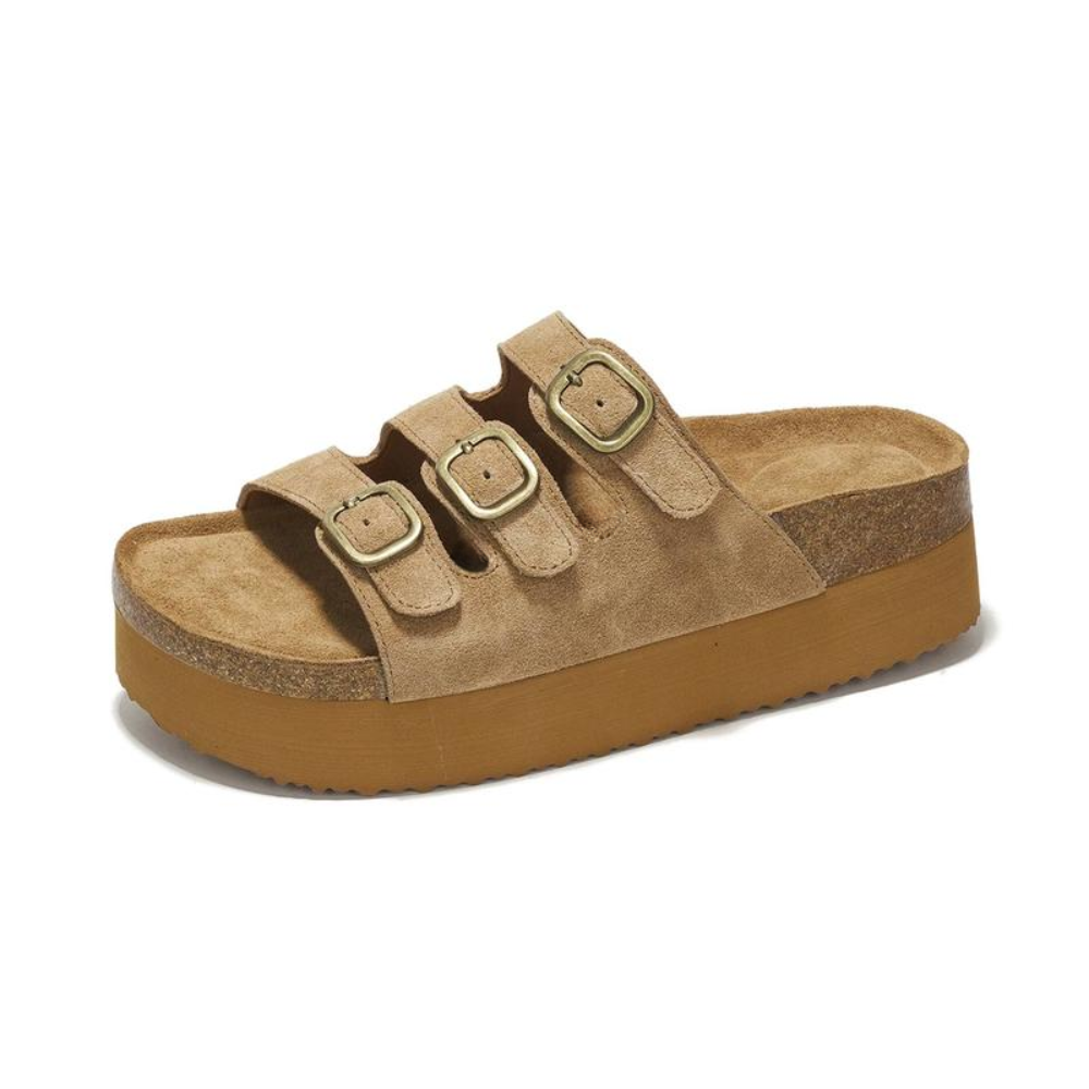 Sandalias de Plataforma Cómodas para Mujeres con Correa de Triple Hebilla y Plantilla de Corcho