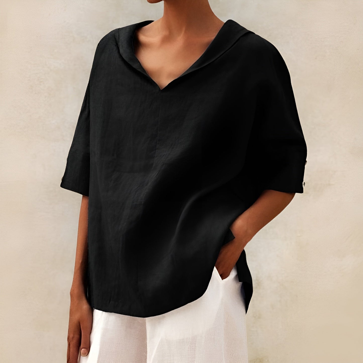 Blusa de Lino Sin Esfuerzo para Mujeres con Cuello en V, Manga Corta, Estilo Relajado y Oversized