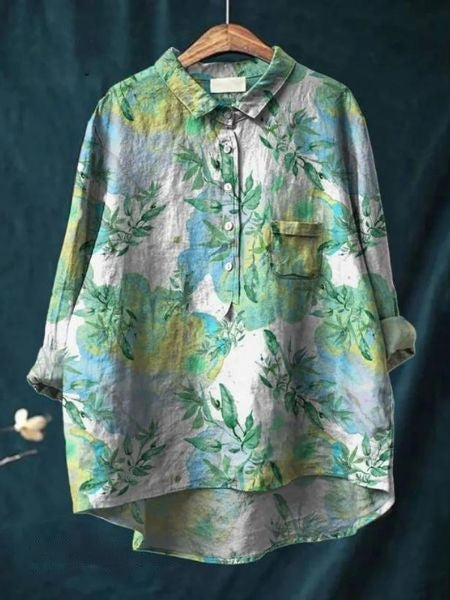 Blusa de Lino Floral Sin Esfuerzo para Mujeres con Cuello, Manga Larga, Botones en la Parte Frontal y Estilo de Dobladillo Alto-Bajo
