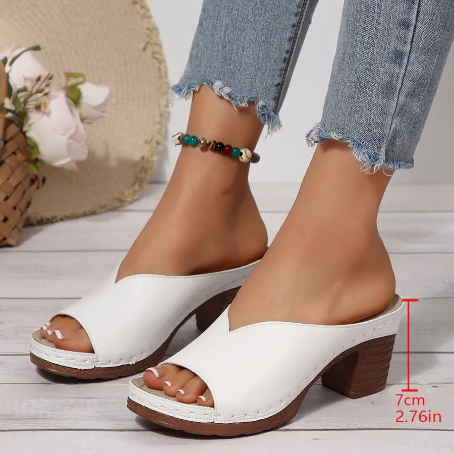 Mules cómodos de tacón para mujeres con banda ancha y tacón bloque de aspecto madera, estilo peep toe
