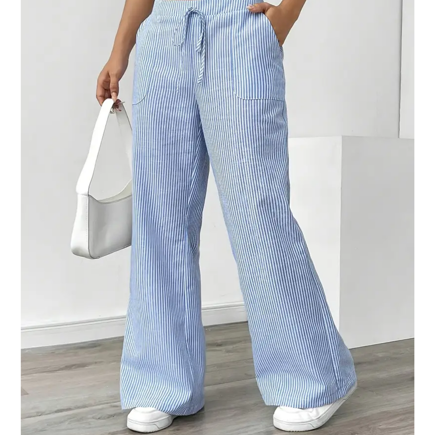 Pantalones Anchos a Rayas para Mujeres con Cintura Alta y Cuerda, Estilo Casual Relajado