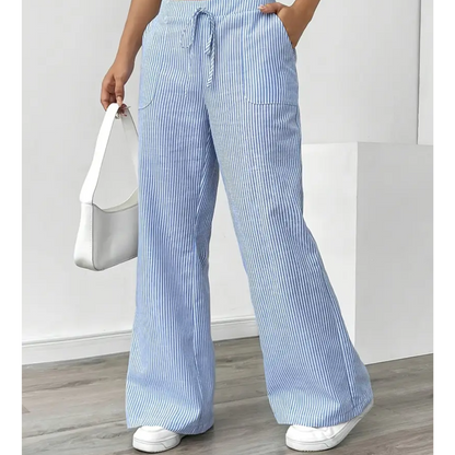 Pantalones Anchos a Rayas para Mujeres con Cintura Alta y Cuerda, Estilo Casual Relajado