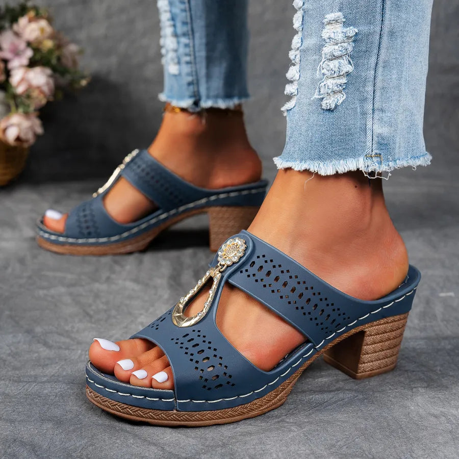 Mules cómodos con tacón para mujeres con detalle de anillo de metal, tacón bloque, estilo abierto y fácil de poner
