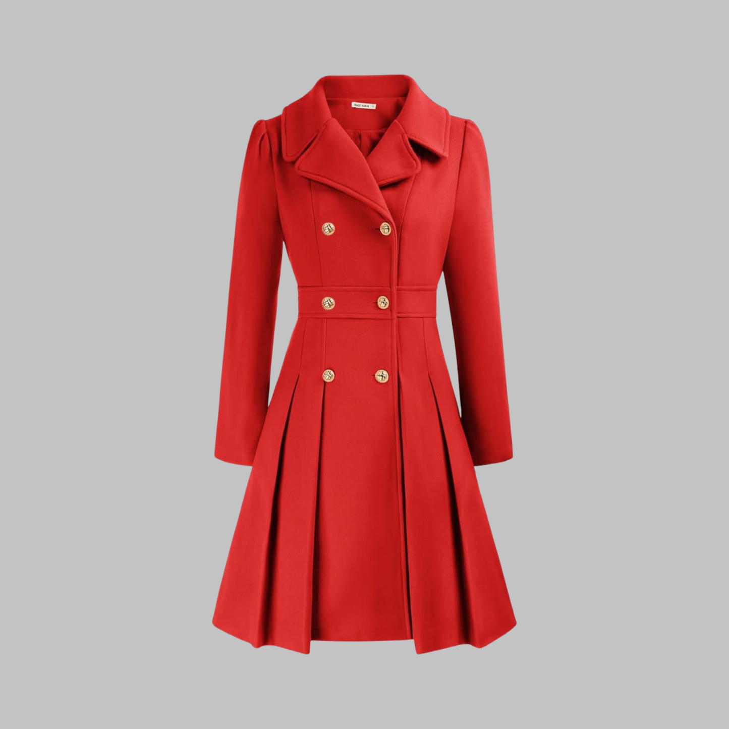 Abrigo de mezcla de lana elegante para mujeres con solapa de muesca, manga larga, doble botonadura y estilo acampanado con pliegues