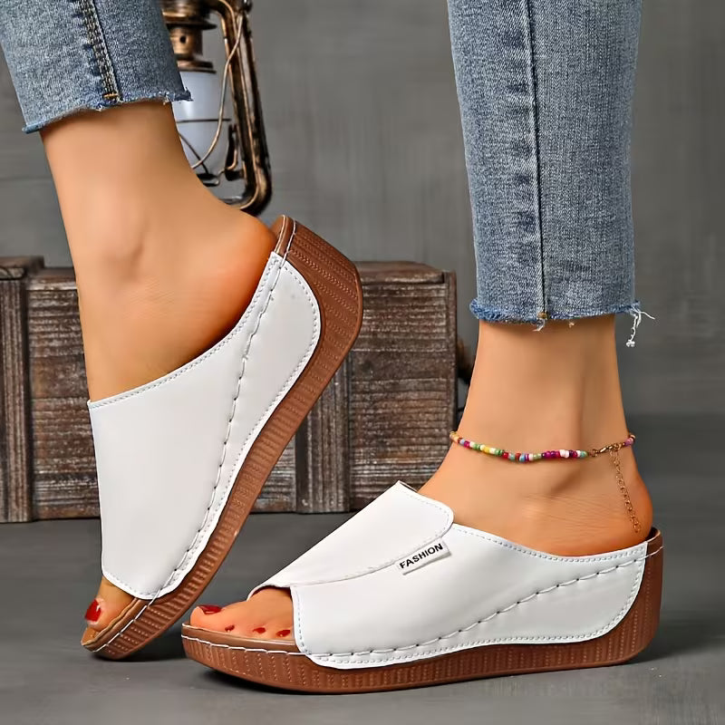 Sandalias Ortopédicas Cómodas para Mujeres con Banda Ancha y Punta Abierta, Estilo Plataforma con Tacón