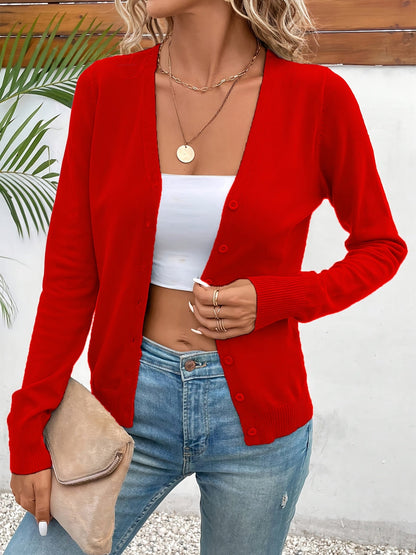 Suéter Cárdigan de Punto Sin Esfuerzo para Mujeres con Cuello en V, Manga Larga, Frente con Botones y Estilo Relajado