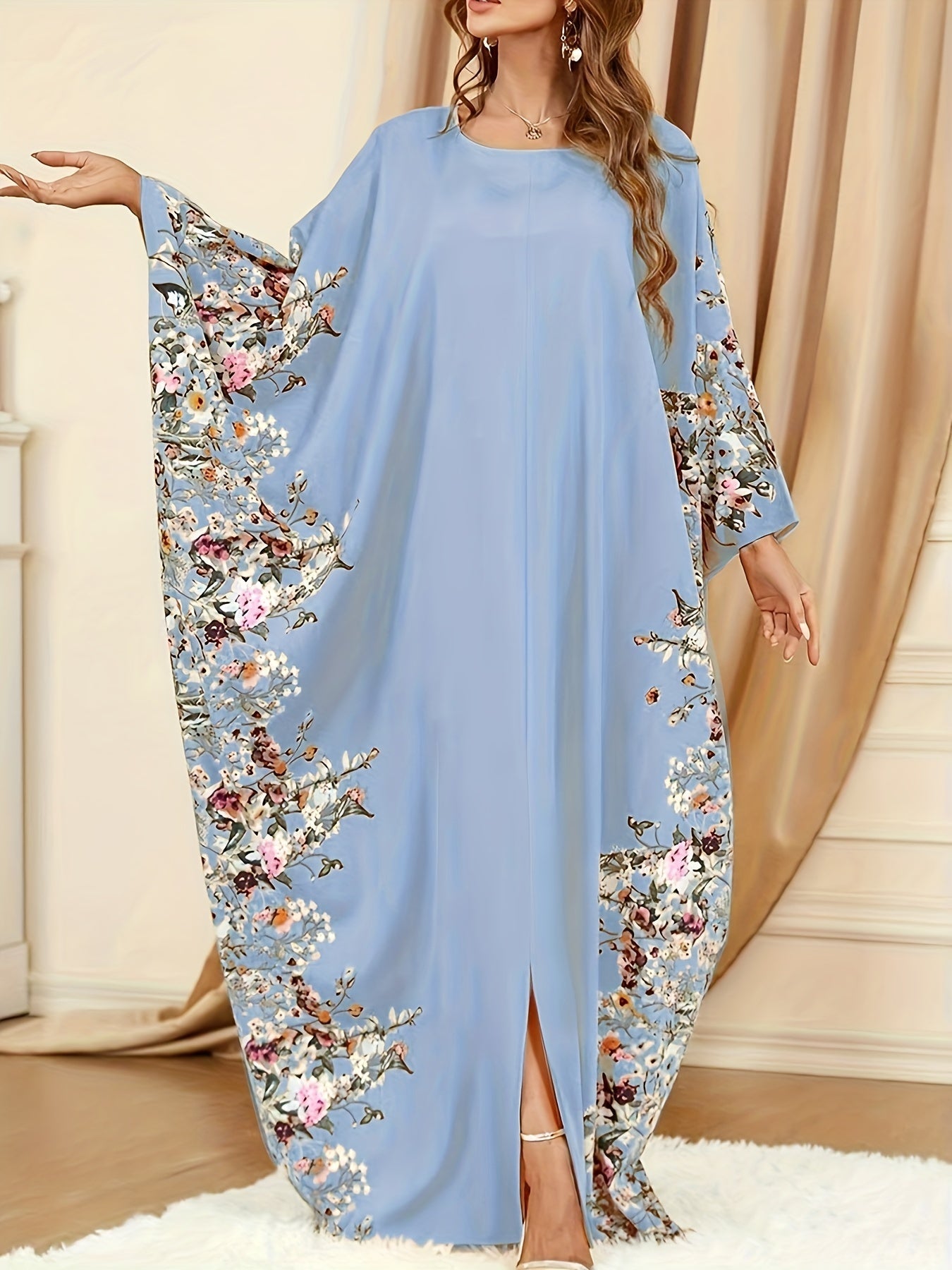 Elegante Vestido Maxi Kaftán Floral para Mujeres con Cuello Redondo y Mangas Murciélago