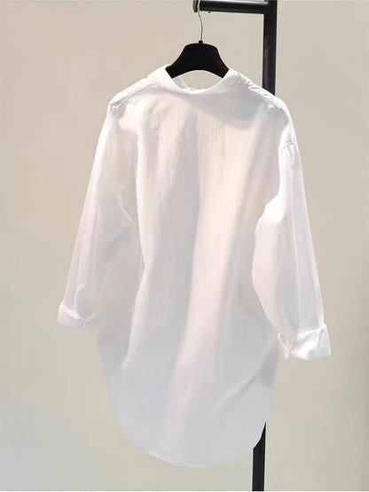 Blusa de Algodón Sin Esfuerzo para Mujeres con Cuello de Punto, Manga Larga, Estilo Oversized y Bajo Irregular