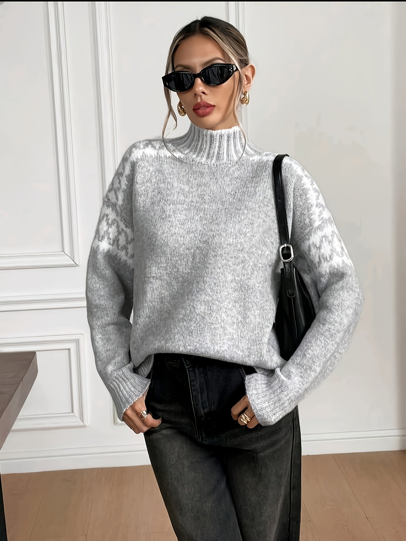 Suéter Gris Marlado Cómodo para Mujeres con Cuello Alto y Mangas Largas, Estilo Relajado y Oversized
