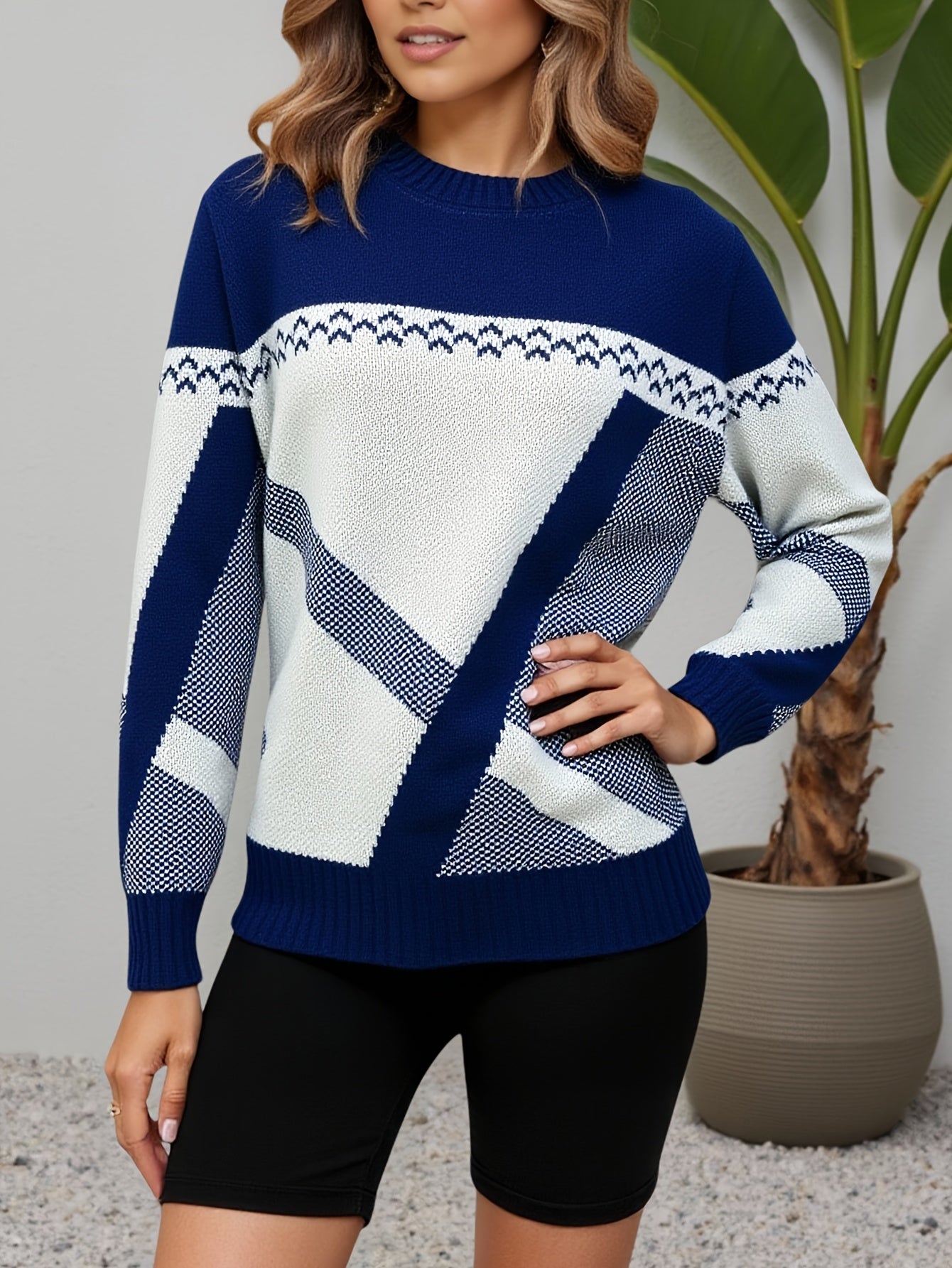 Suéter Geométrico Colorblock Cómodo para Mujeres con Cuello Redondo, Manga Larga, Estilo Relajado y Oversized