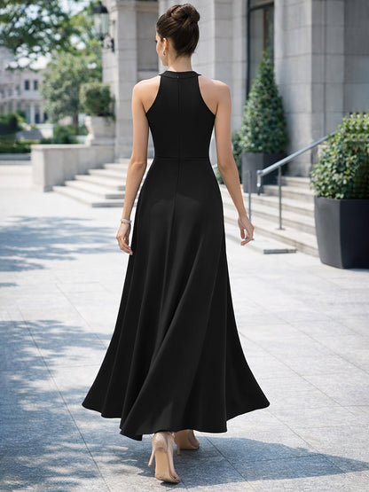 Vestido Maxi Elegante para Mujeres con Cuello Alto, Sin Mangas, Con Abertura Alta, Estilo Formal para Invitadas de Bodas