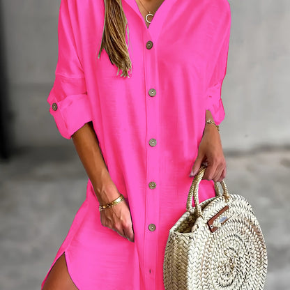 Vestido Camisa Sin Esfuerzo para Mujeres con Cuello, Manga Larga, Botones en la Parte Frontal, Estilo Casual Relajado