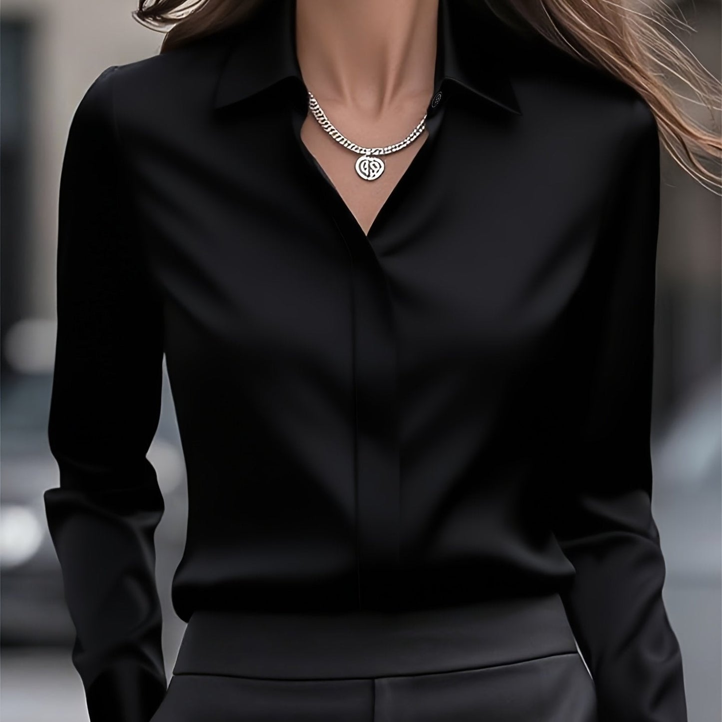 Blusa de Satén Elegante para Mujeres con Cuello, Manga Larga, Botón Frontal y Estilo Relajado