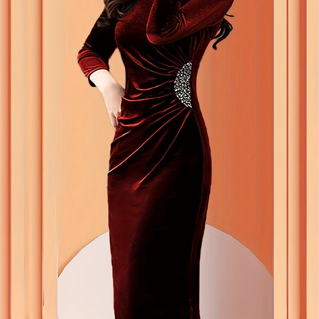 Vestido Midi de Terciopelo Elegante para Mujeres con Cuello Redondo, Manga de Codo, Cuerpo Ajustado con Detalles Fruncidos y Apliques de Perlas para Cócteles