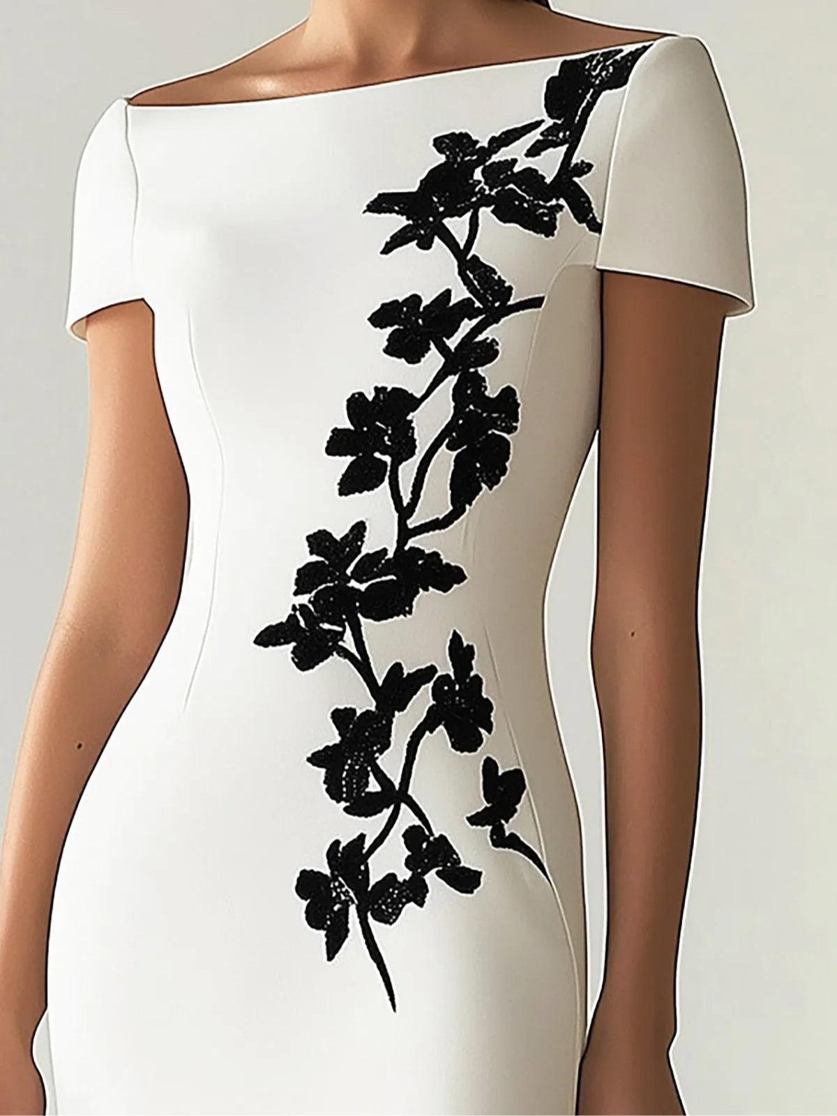 Elegante Vestido Midi Floral Blanco para Mujeres con Escote Barco, Manga Corta, Cuerpo Ajustado y Estilo Formal