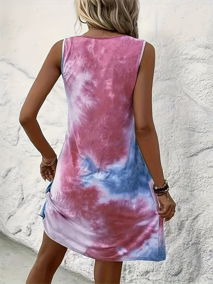 Vestido Mini Tie Dye Sin Esfuerzo para Mujeres con Escote Redondo, Sin Mangas y Frontal Plisado Estilo Bohemio