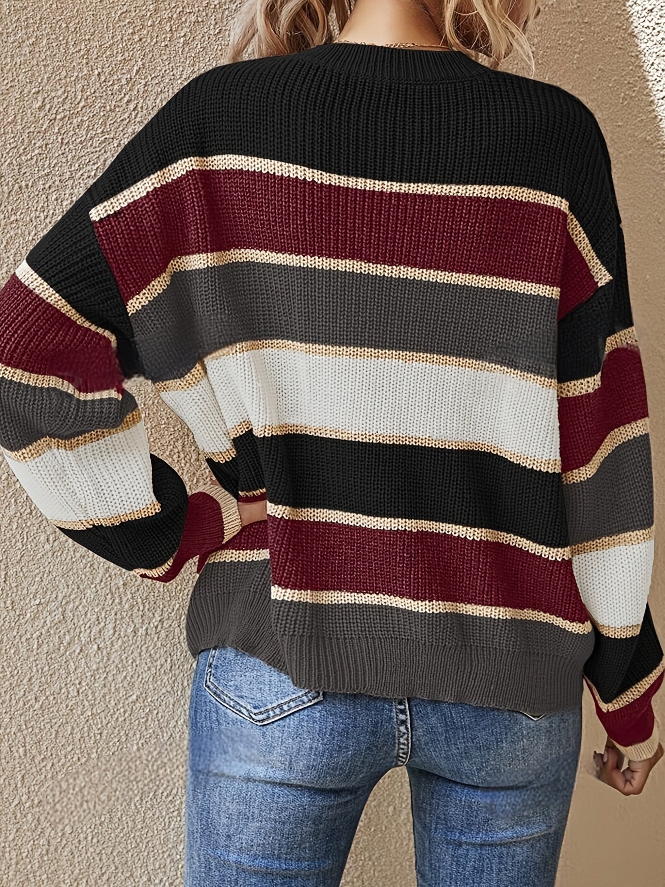 Suéter de rayas color bloque cómodo para mujeres con cuello redondo, manga larga y estilo de punto relajado y oversize
