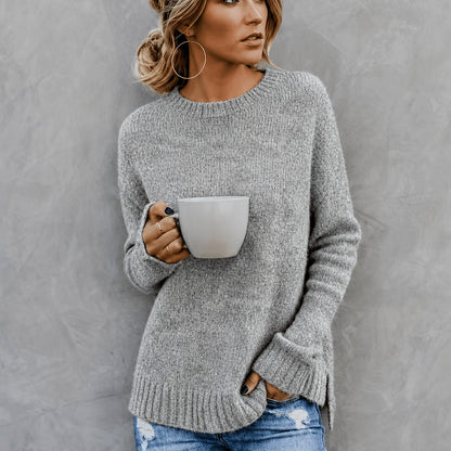Suéter de Punto Melange Cómodo para Mujeres con Cuello Redondo, Mangas Largas y Puños de Campana, Estilo Oversized y Relajado