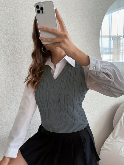 Chaleco de Punto Trenzado Cómodo para Mujeres con Escote en V, Sin Mangas y Dobladillo Acanalado, Estilo Preppy