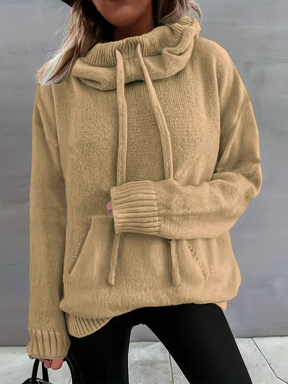 Suéter de punto cómodo para mujeres con cuello de capa, manga larga, cordón y estilo oversized
