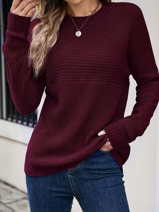 Suéter de Punto Acanalado Cómodo para Mujeres con Cuello Redondo y Manga Larga, Estilo Relajado y Sobredimensionado