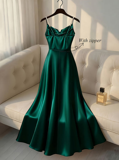 Elegante Vestido Maxi de Satén para Mujeres con Cuello Cowl y Tirantes de Perlas para Estilo Formal de Invitada de Boda