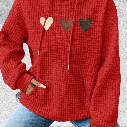 Sudadera de punto waffle con estampado de corazones cómoda para mujeres, con capucha, mangas largas y bolsillo canguro, estilo oversized
