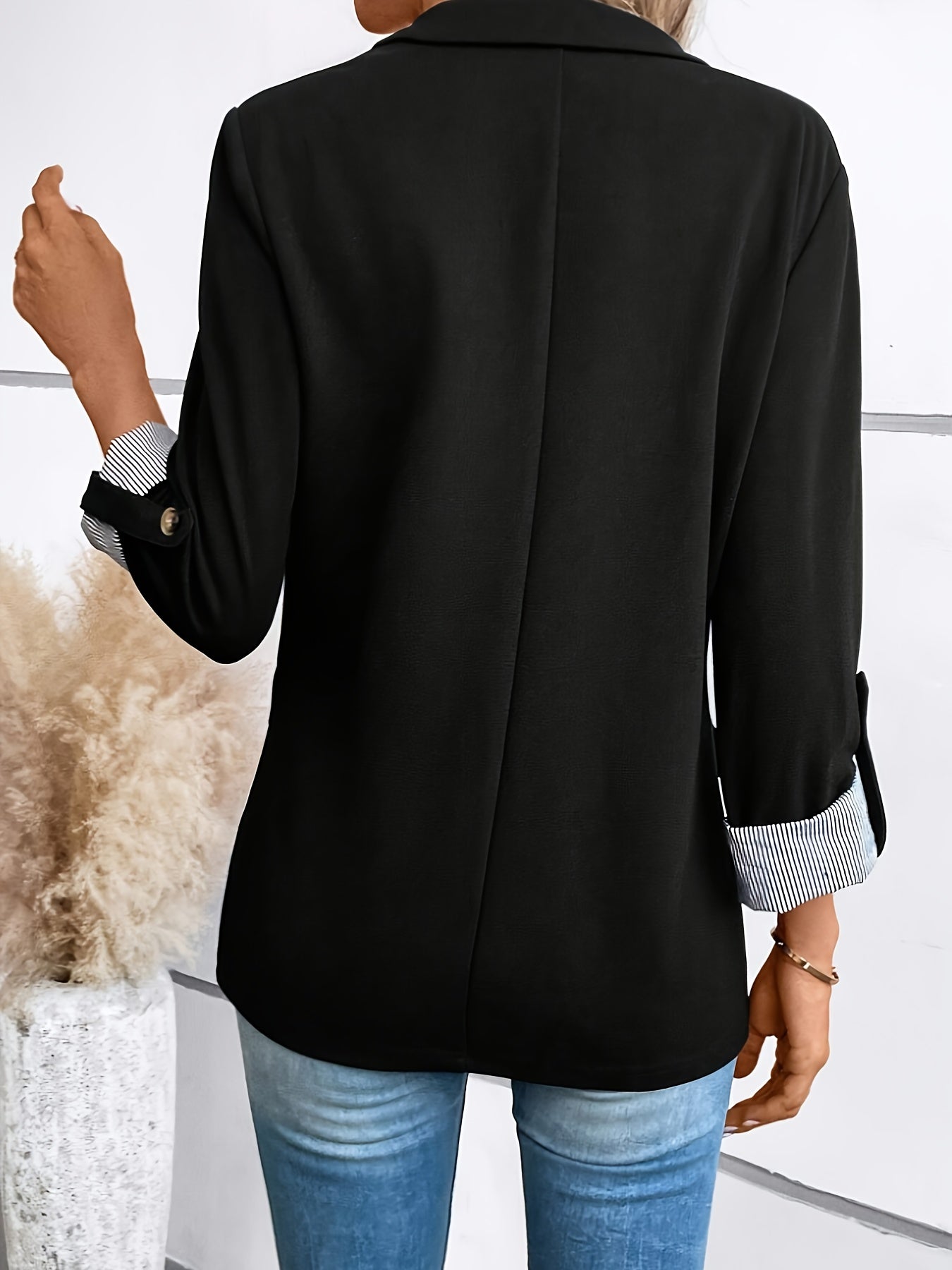 Blazer Sin Esfuerzo para Mujeres con Cuello de Solapa, Manga Larga, Puño Rayado, Estilo Casual