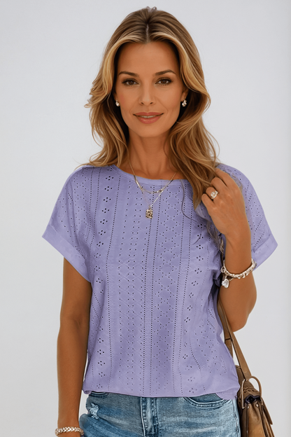 Blusa de Ojal Sin Esfuerzo para Mujeres con Cuello Redondo y Mangas Cortas con Puño, Estilo Casual Relajado