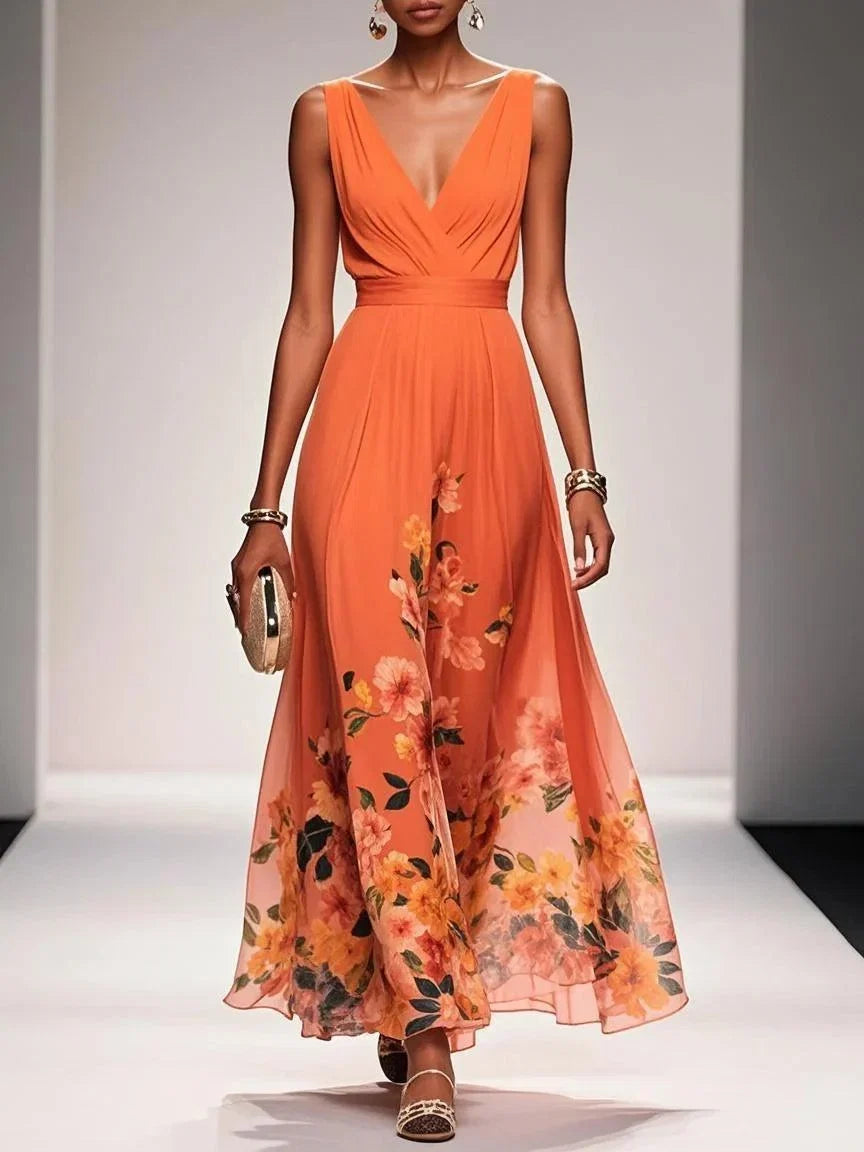 Elegante Vestido Maxi Floral para Mujeres con Escote en V Sin Mangas y Cintura Envolvente, Estilo para Invitadas de Boda