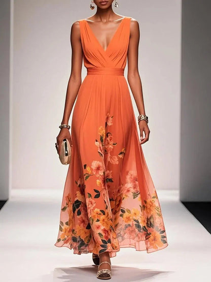 Elegante Vestido Maxi Floral para Mujeres con Escote en V Sin Mangas y Cintura Envolvente, Estilo para Invitadas de Boda