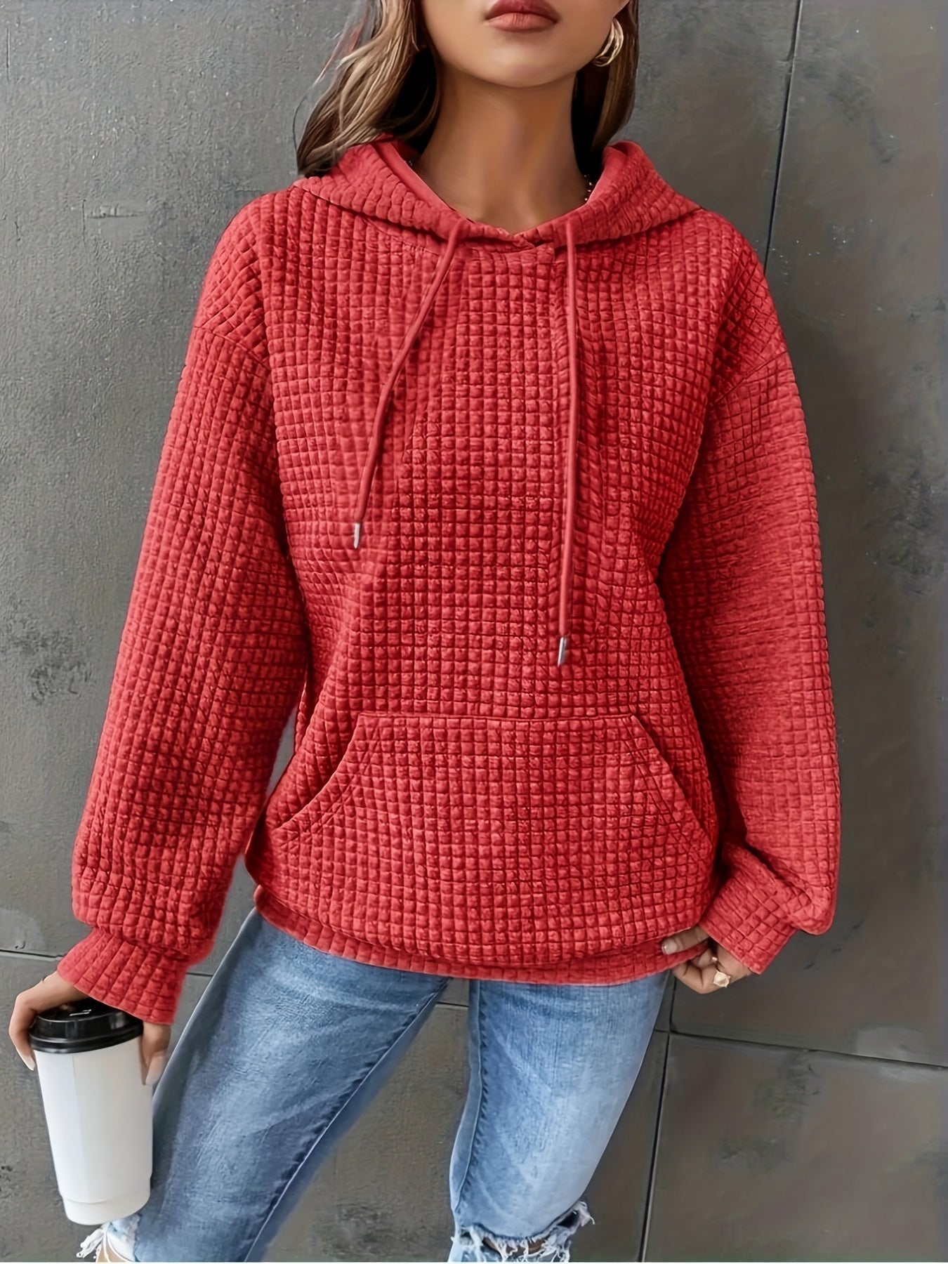 Sudadera de punto waffle color bloque cómoda para mujeres con capucha ajustable, manga larga y bolsillo canguro, estilo oversized