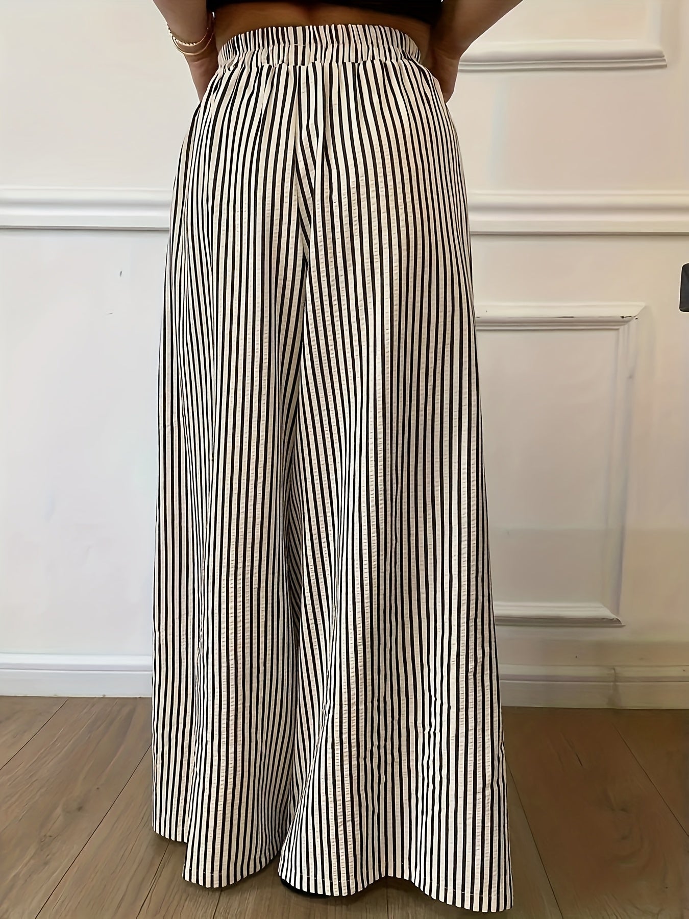 Pantalones Anchos de Rayas Melocotón para Mujeres con Cintura Alta y Cinturilla Elástica, Estilo Fluido y Relajado